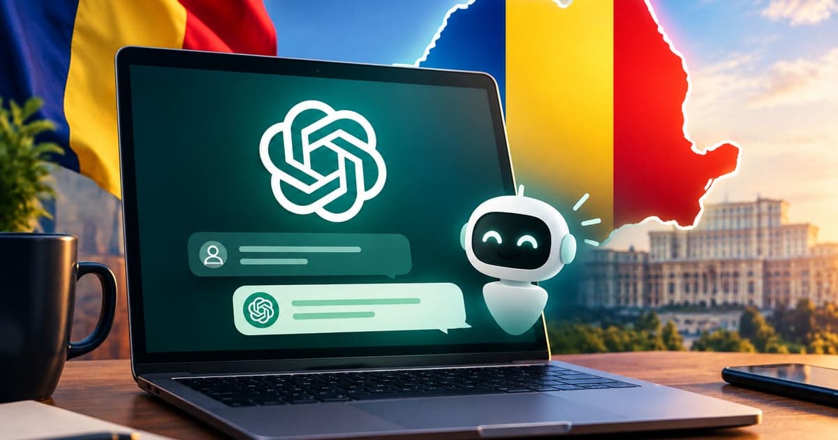Laptop deschis pe un birou de lemn, cu sigla OpenAI și două bule de conversație pe ecran. Lângă ecran, un robot alb mic și zâmbitor. În fundal, drapelul României și conturul țării colorat în roșu, galben și albastru, iar în dreapta Palatul Parlamentului