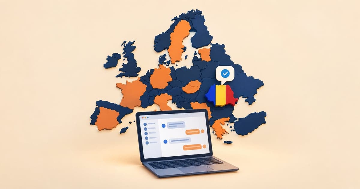 Hartă în relief a Europei pe fundal crem, cu țările în bleumarin și portocaliu. România e colorată în tricolor și are deasupra o bulă albă cu o bifă albastră. În fața hărții, un laptop deschis arată o interfață de conversație cu mesaje alternate