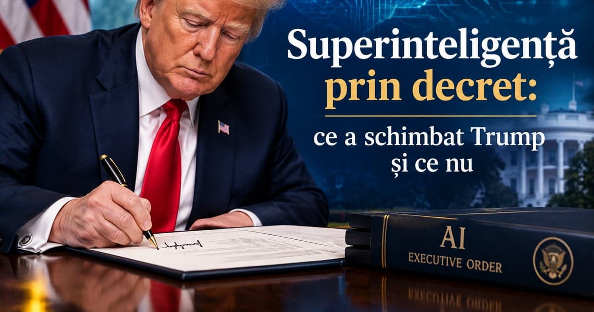 Ilustrație: Donald Trump semnând un document la un birou, cu drapelul SUA în stânga și Casa Albă în fundal. Lângă document, un volum gros pe care scrie „AI EXECUTIVE ORDER”. Peste imagine, titlul articolului