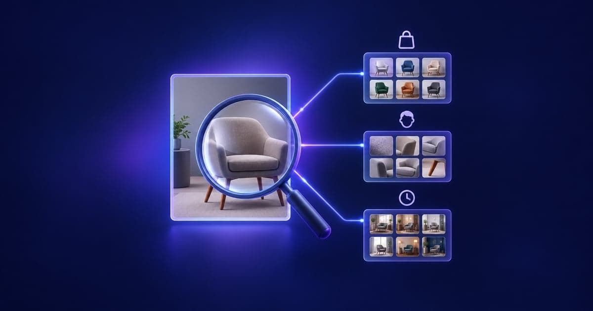 Fotografia unui fotoliu gri sub o lupă, cu trei grupuri de rezultate alături: fotolii de vânzare în alte culori, prim-planuri cu textura materialului, și camere de living în care apare fotoliul