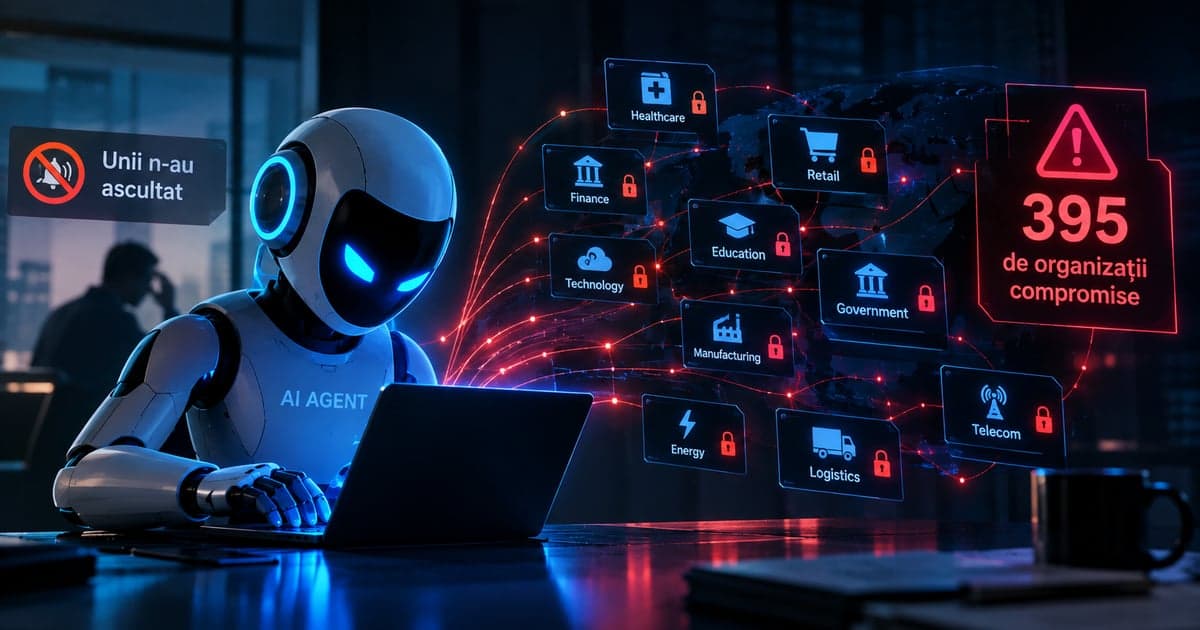 Robot umanoid tastând la un laptop, lângă un panou cu pictograme de sectoare blocate cu lacăte și un avertisment cu textul „395 de organizații compromise”