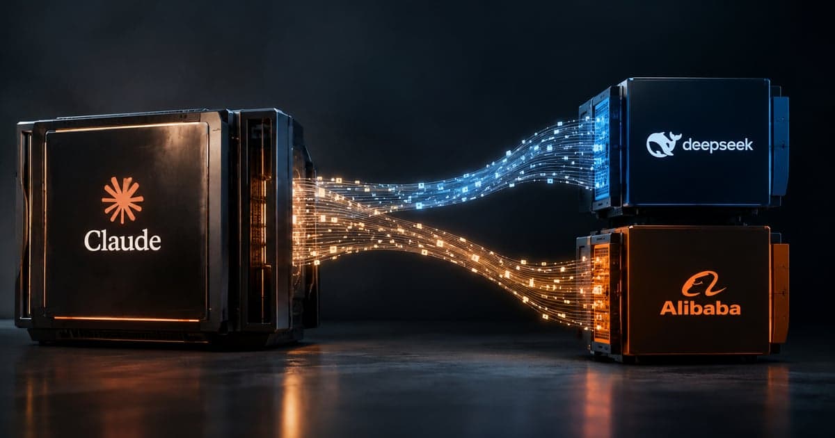 Trei module de server într-o încăpere întunecată: în stânga unul cu sigla Claude, în dreapta două cu siglele DeepSeek și Alibaba, legate prin fascicule de lumină care curg dinspre primul