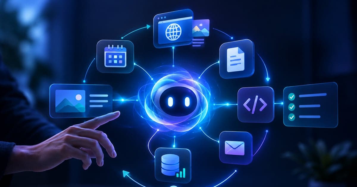 Sferă albastră strălucitoare cu două fante luminoase ca niște ochi, în centrul unui inel de opt pictograme legate prin linii cu săgeți: fereastră de browser, document, calendar, card cu imagine, paranteze de cod, listă bifată, plic și bază de date. În stânga jos, o mână întinsă spre ele