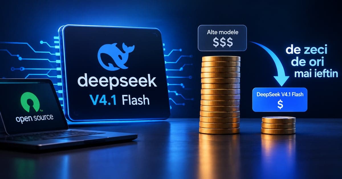 Ilustrație cu sigla DeepSeek V4.1 Flash, un laptop pe care scrie „open source” și două teancuri de monede: unul mare etichetat „Alte modele”, unul mic etichetat „DeepSeek V4.1 Flash”