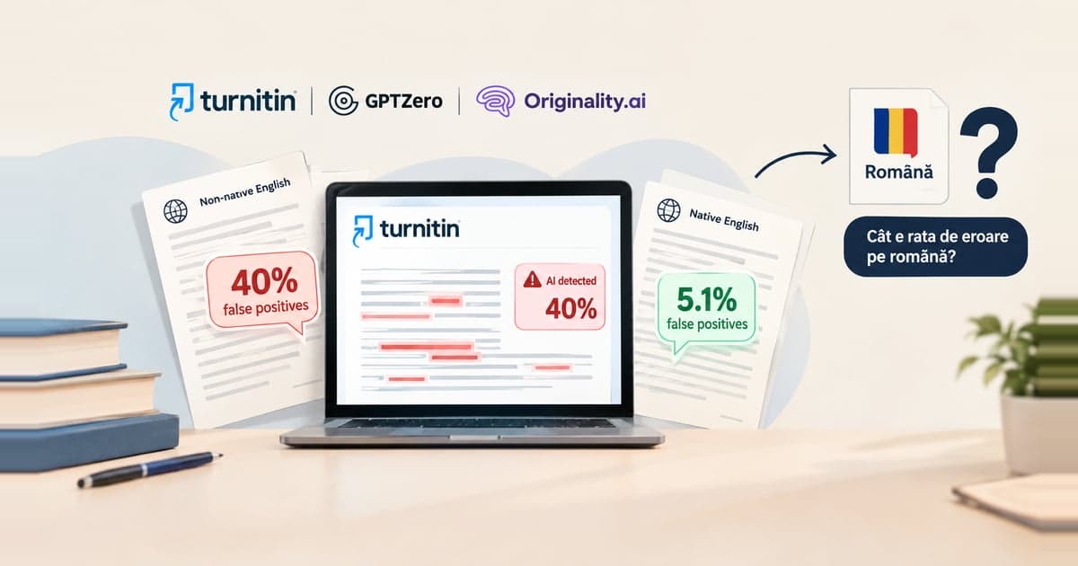 Siglele Turnitin, GPTZero și Originality.ai deasupra a două lucrări marcate cu 40% și 5,1% rezultate fals pozitive, lângă o foaie cu drapelul României și întrebarea despre rata de eroare pe română