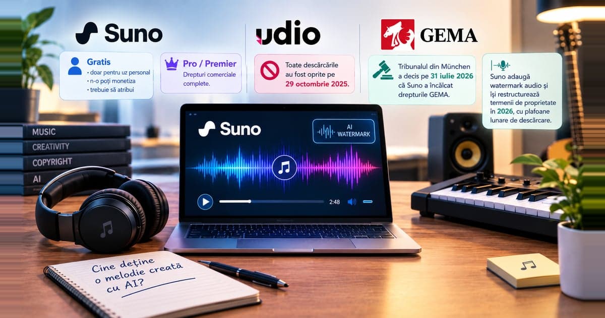 Siglele Suno, Udio și GEMA deasupra unui laptop care redă o piesă generată cu AI, cu note despre termenii de licențiere și un caiet pe care scrie Cine deține o melodie creată cu AI?