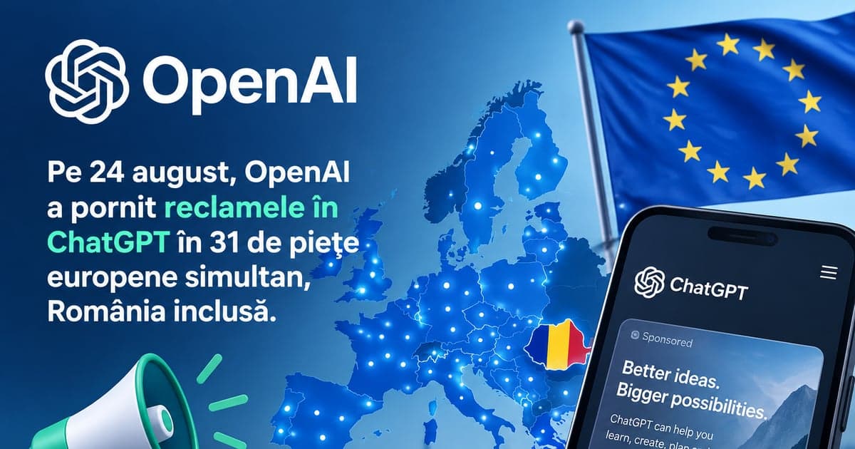 Sigla OpenAI, harta Europei cu steagul României peste teritoriul ei, un steag al Uniunii Europene și un telefon cu ChatGPT, unde apare un card marcat Sponsored