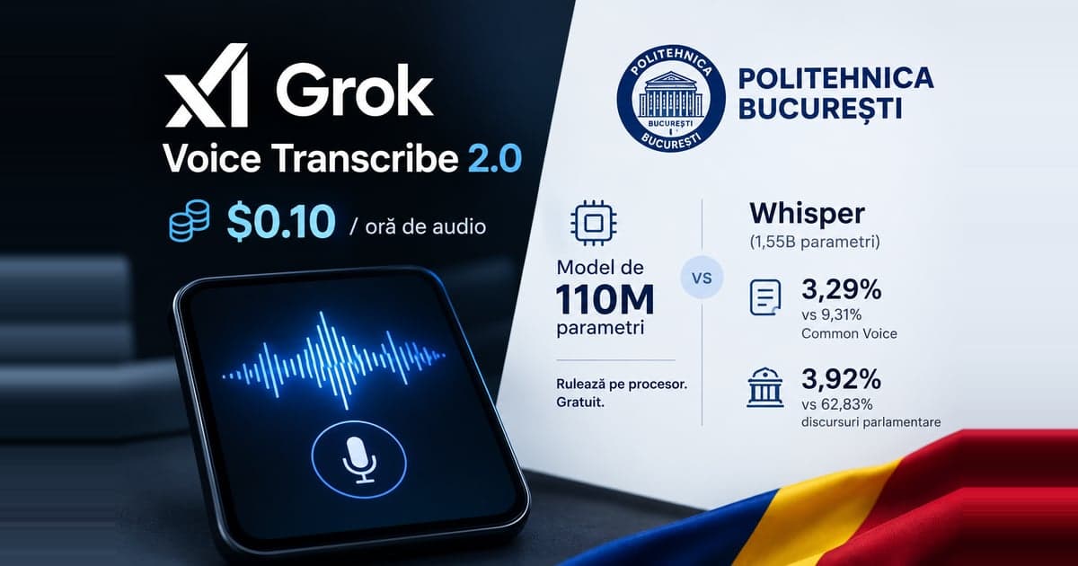 Grafic comparativ: în stânga, sigla xAI Grok Voice Transcribe 2.0, prețul de 0,10 dolari pe oră de audio și un telefon care afișează o undă sonoră; în dreapta, emblema Politehnicii București și rezultatele unui model de 110 milioane de parametri față de Whisper cu 1,55 miliarde — 3,29% față de 9,31% pe Common Voice și 3,92% față de 62,83% pe discursuri parlamentare
